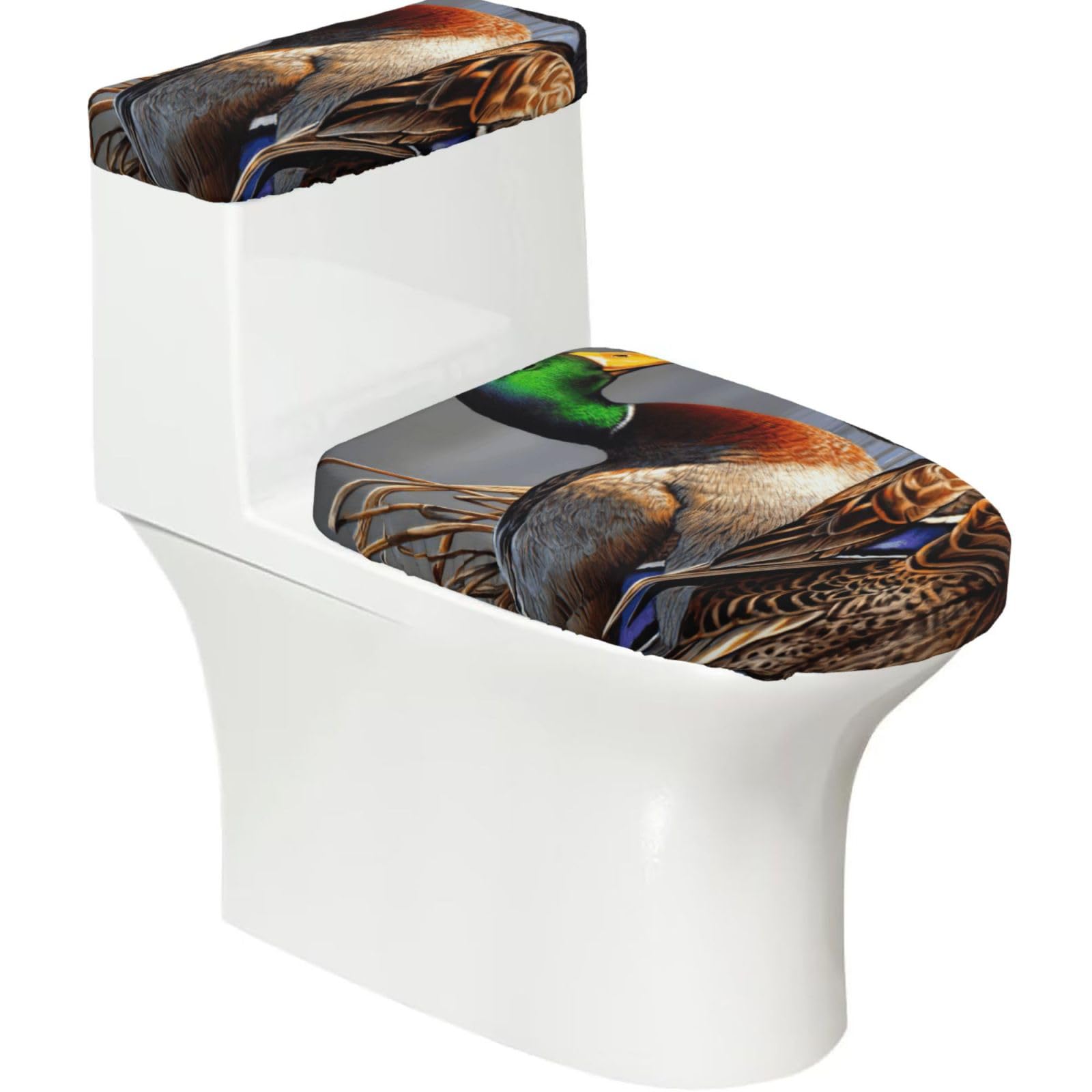 Mallard Duck Print 2-Piece Stretch Toilet Cover Set, Elastic Breathable Toilet Seat and Tank Lid Protector