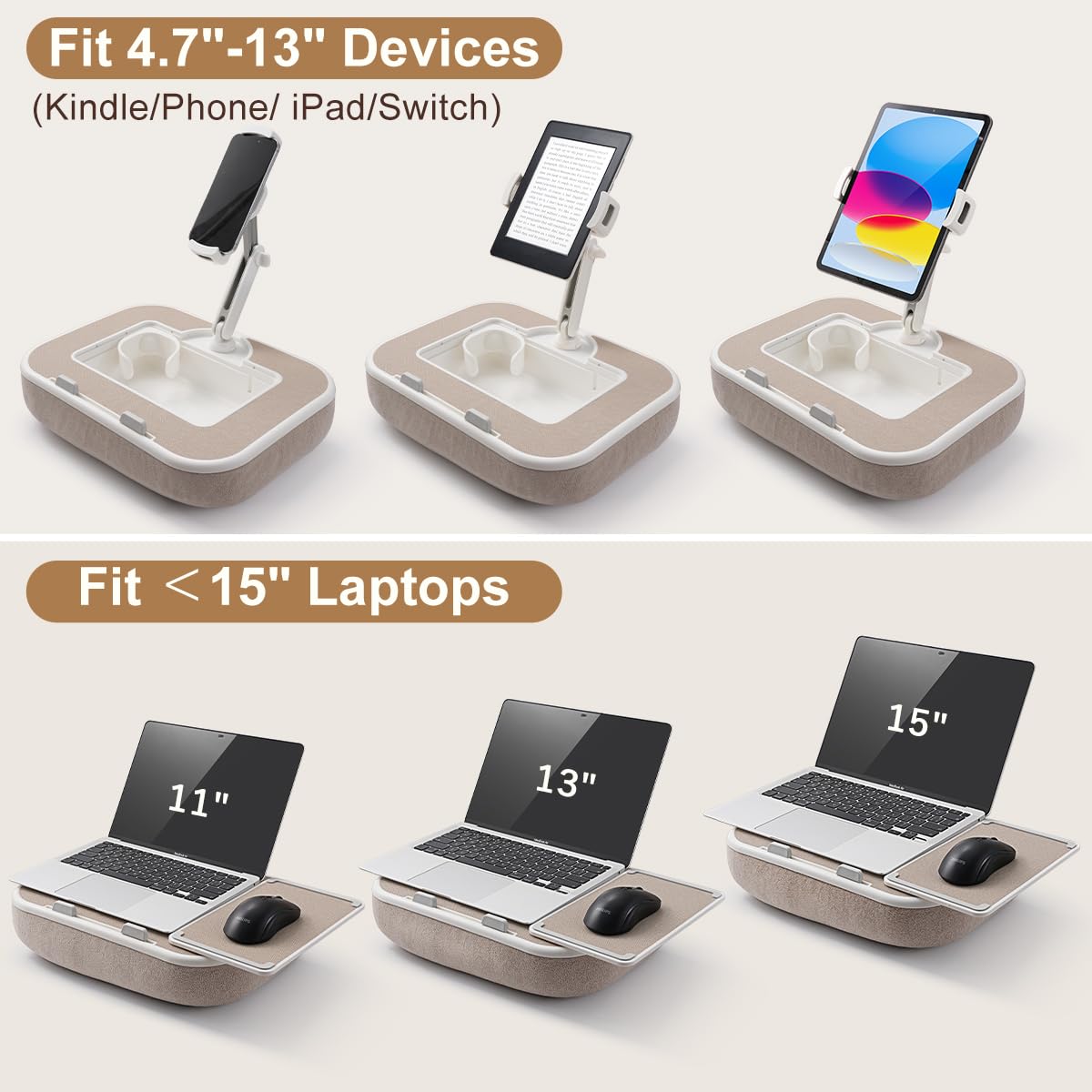 Soporte de cojín para tablet con bandeja para aperitivos y pizarra de escritura, soporte giratorio de 360 grados para teléfonos inteligentes de 4,7 a 13 pulgadas, tabletas Kindle, soporte de cojín