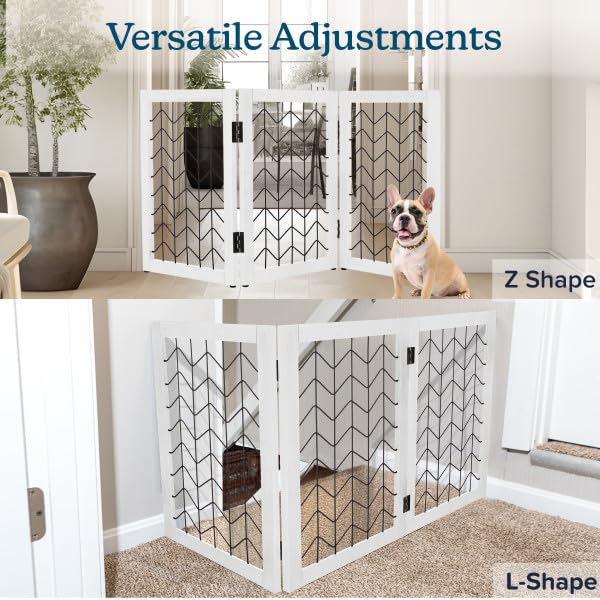 Freestanding Dog Gate - 3-Panel Foldable Indoor Pet Fence - 55x24-Inch Sturdy Metal and Wood Dog Gate - Pet Barrier for Stairs, Hallways, Doorways, or Small Openings by PETMAKER (White)