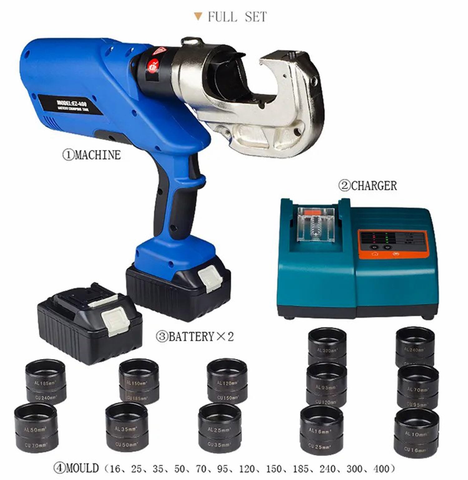 Profesjonalny 16-400mm² elektryczno-hydrauliczne szczypce do zaciskania, zaciskarka hydrauliczna zasilana bateryjnie, z 13 parami matryc, zaciski elektryczne zestawy kabli i drutu