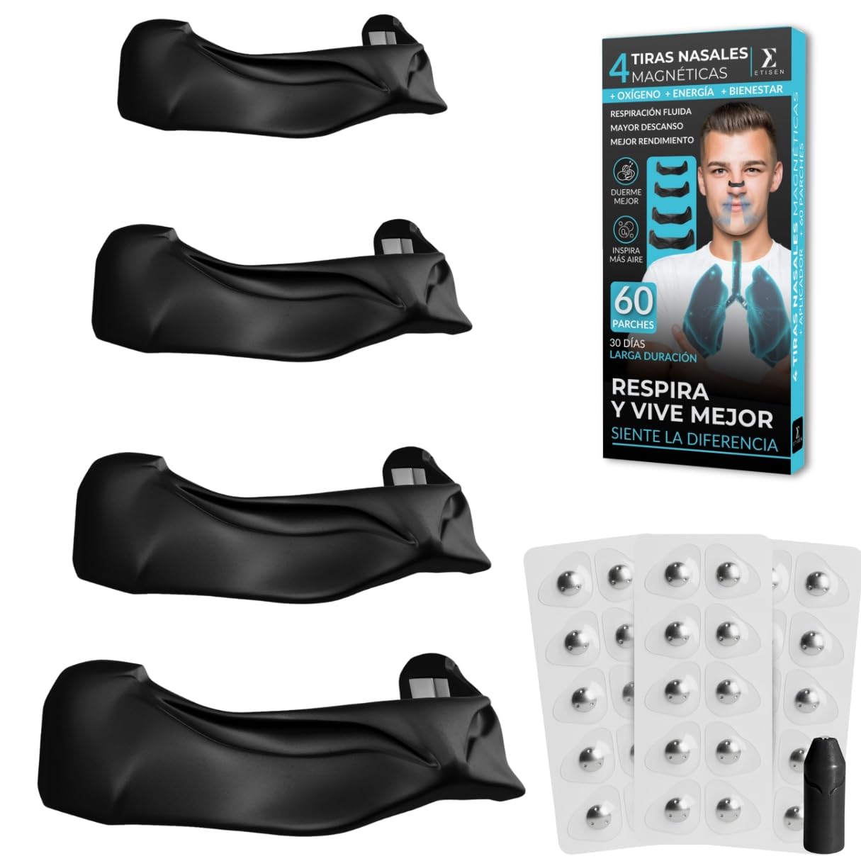 ETISEN, Tiras Nasales Magnéticas 60 Parches Transparentes (30 Días) + Aplicador Magnético y Guía QR – Antirronquidos, Dilatador Nasal para Dormir y Deporte, Mejora la Respiración y Oxigenación (Negro)