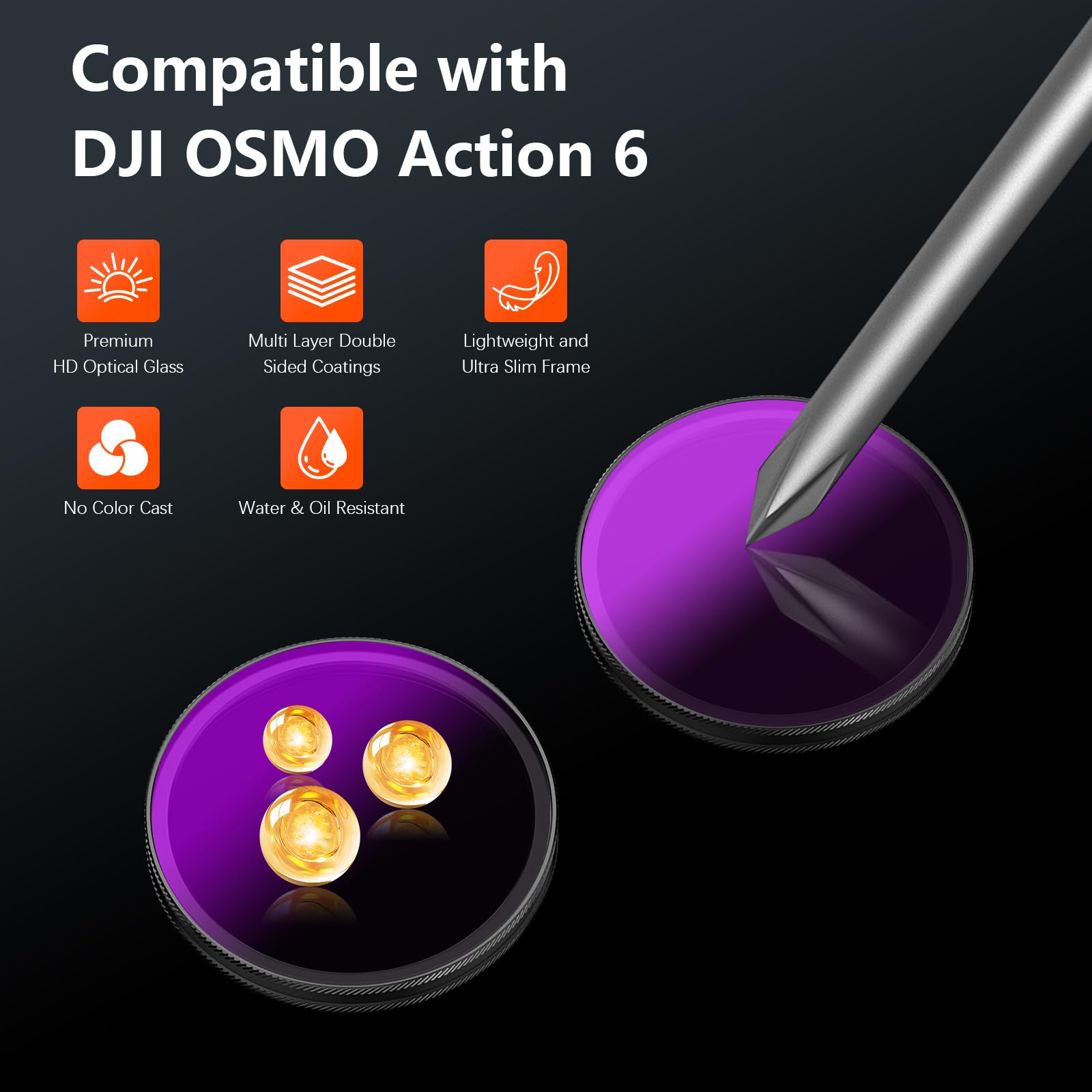 AMAZEAR Zestaw filtrów ND & CPL do DJI OSMO Action 6, Action6 Pro ND16 + ND64 + ND256 + CPL zestaw filtrów obiektywu | 4 sztuki | szkło optyczne | HD | olejoodporne | łatwy montaż