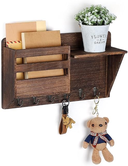 Key Holder for Wall with 6 Key Hooks, Wall Mounted Key Hangers Rustic Decorative Wood Key Rack, Wooden Mail Organizer with Shelf for Entryway Mudroom Hallway Bedroom Living Room, Brown