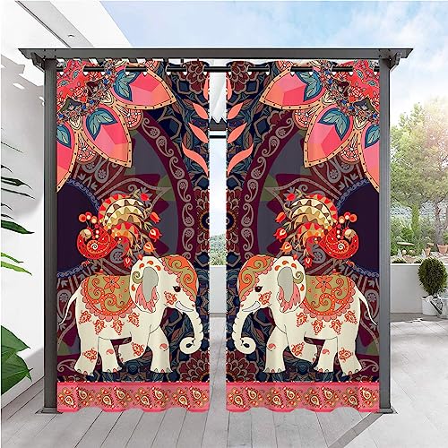 ANHOPE Outdoor Curtains Grommet Waterproof Window Drapes with Indian Bohemian Elephant Print Pattern Privacy Outside Curtains for Patio Pergola Gazebo Porch Cabana 2 Panels 36 x 84 Inch