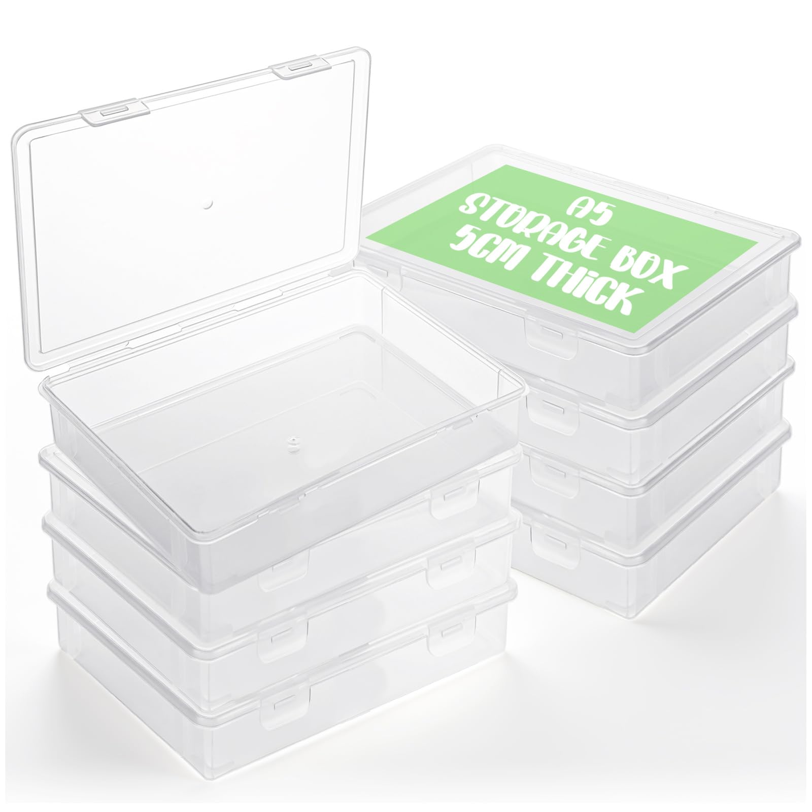 WOPPLXY 8 PCS A5 Plastic Storage Box with Lids, 23x17x5CM Clear Photo Storage Boxes Transparent Small Plastic Containers with Lid Craft Storage Case for Paper, Postcard, Filing and Organizing