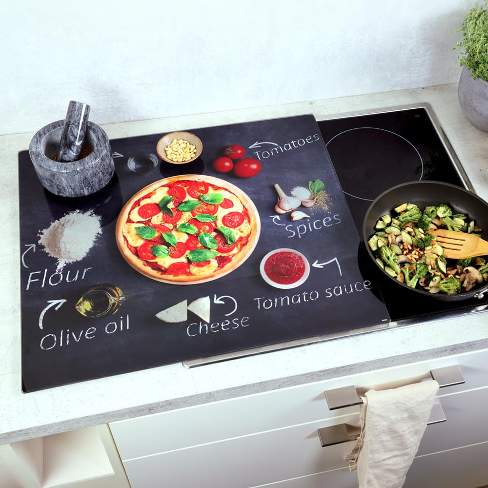 Kesper Plaque de découpe/plaque de recouvrement de poêle/panneau de poêle, matériau : verre de sécurité ESG, dimensions : 56 x 50 x 0,8 cm, motif : pizza, couleur : gris, rouge, 36598 13