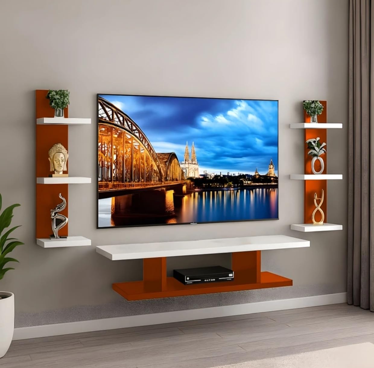 Floating TV Unit with Side Display Shelves, Orange and White, Wall Mounted, Living Room-image-25