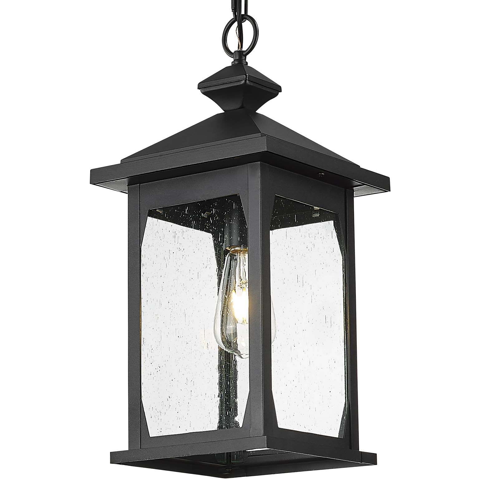 zeyu 19 inch outdoor pendant light, modern 1-light outdoor hanging lantern light for front porch, die-cast aluminum in black finish, seeded glass shade, zd99h-m bk