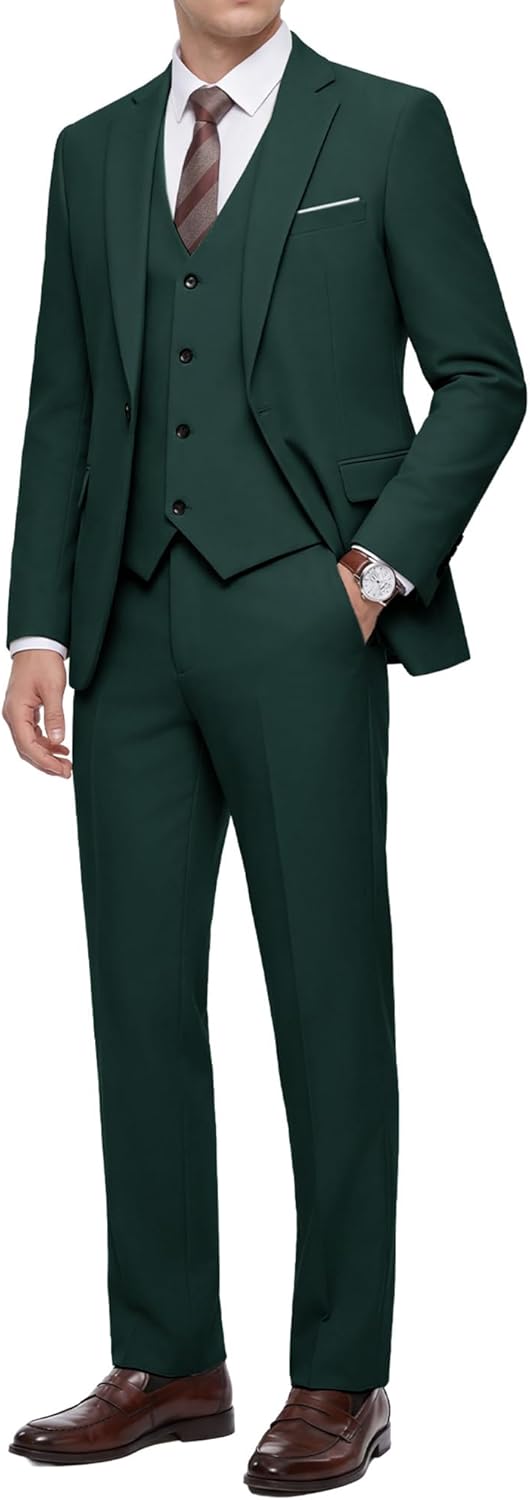 WULFUL Men's 3 Piece Slim Fit Suit Set Stretch One Button Blazer Jacket Vest & Pants Tuxedo for Party Wedding Business