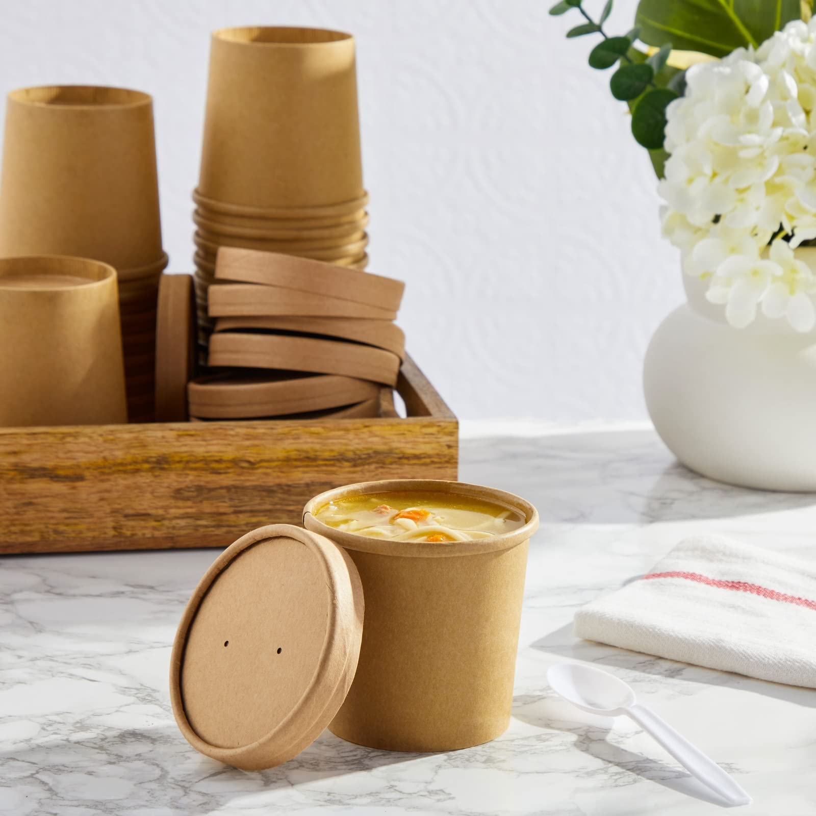 Bol à Soupe En Kraft Jetable Avec Couvercle Ventilé – 226g, 10.2cm, Eco-friendly, Jusqu'à 93°C