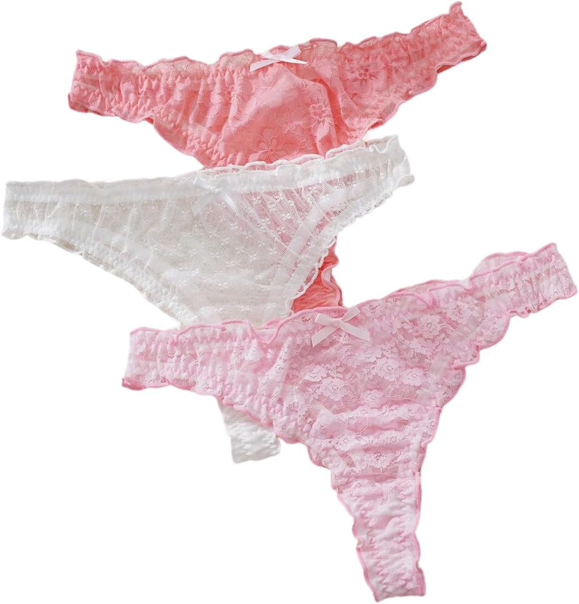 MakeMeChic Women's 3 Pack Floral Lace Briefs Bow Knot Lettuce Trim Sheer Lingerie Panties