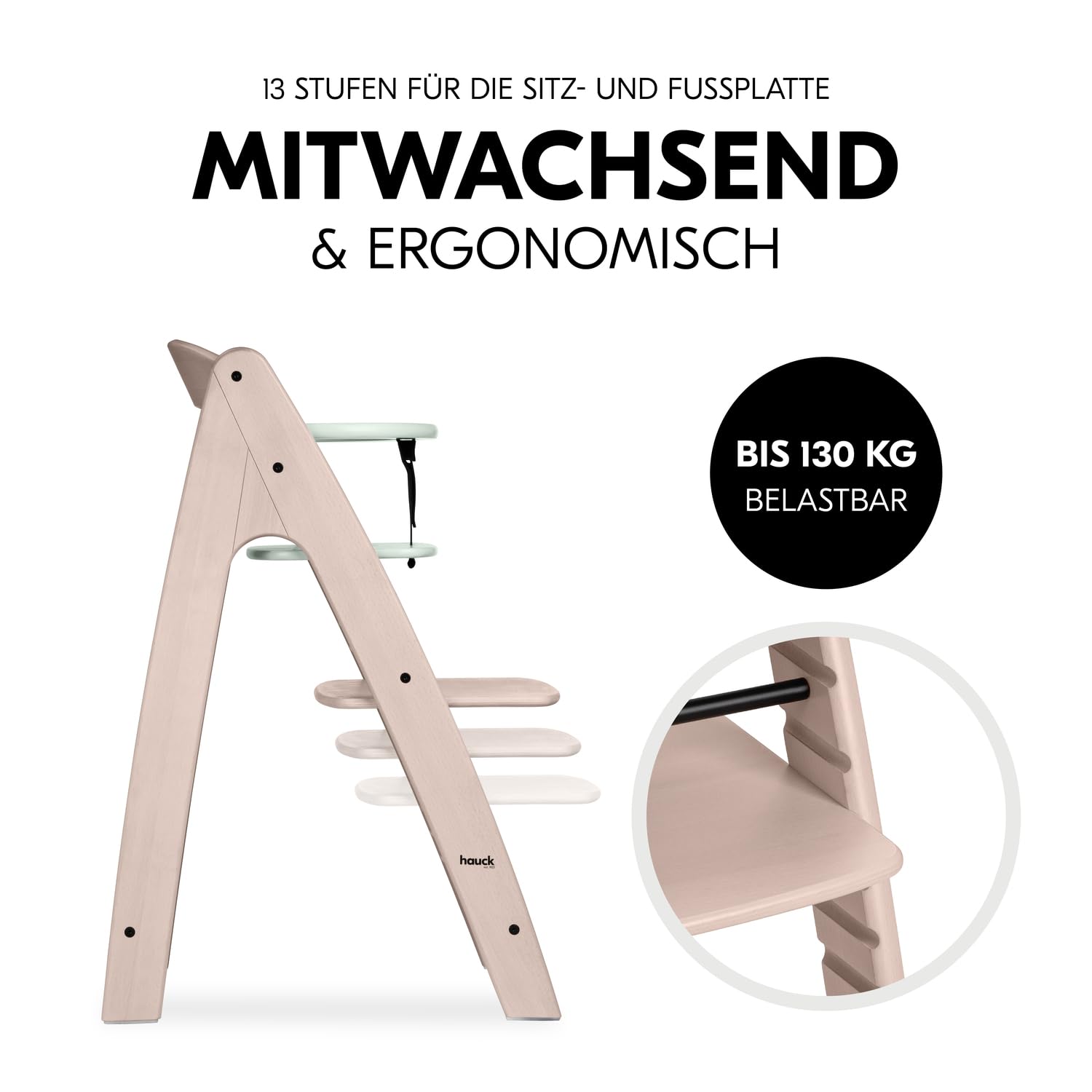 hauck Arketa Holz Hochstuhl Baby mitwachsend bis 130 kg, Whitewashed Mint