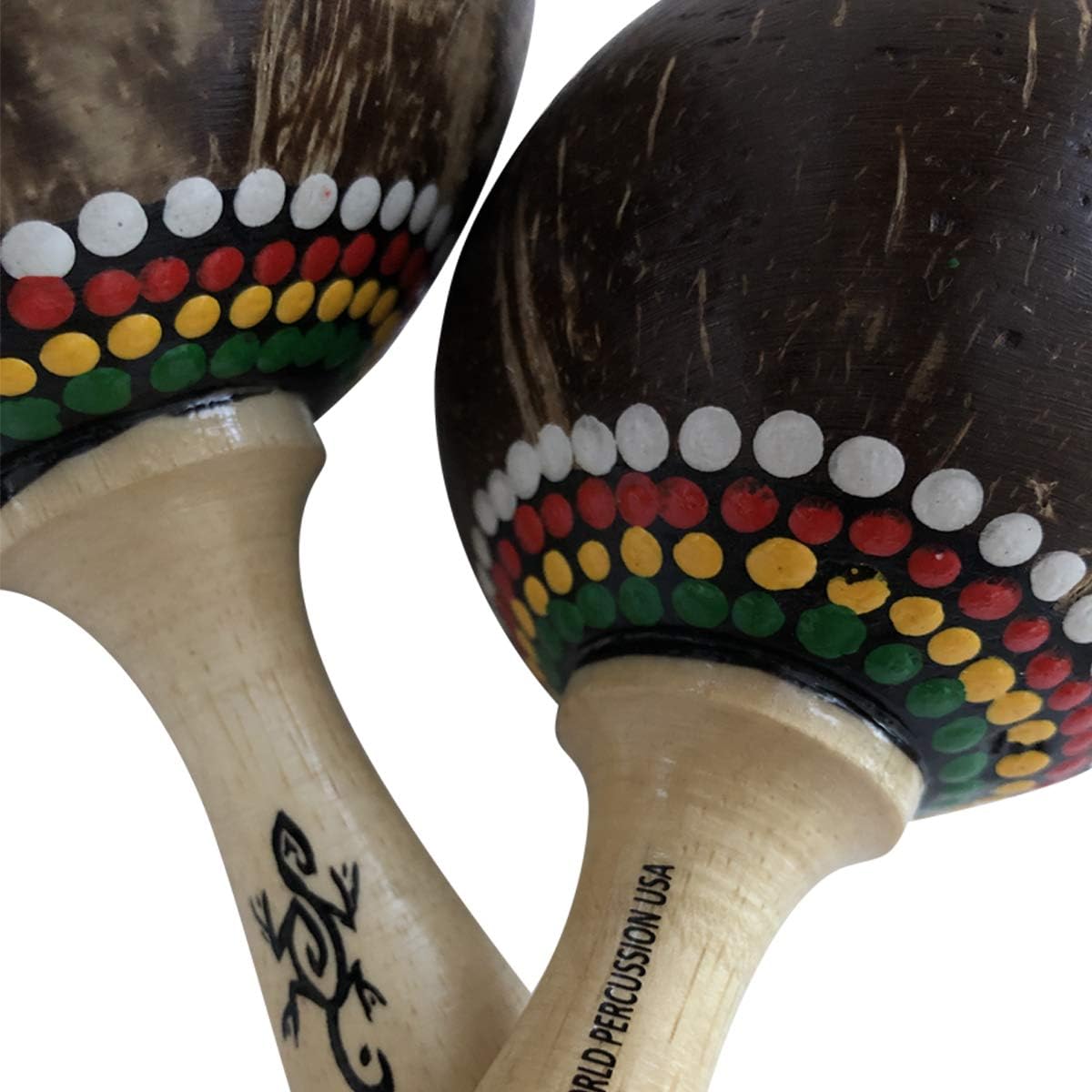 Large Coconut Maracas Shaker Pair - Authentic World Percussion Instrument - Hand-Painted Design, Stained Handle, Filled with Pebbles and Beads by World Percussion USA