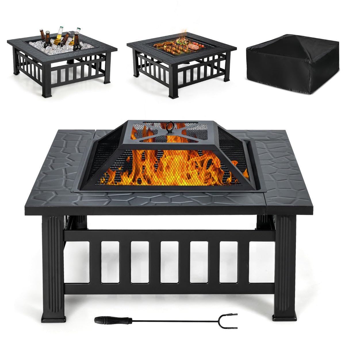 Brasero exterior 3 en 1 81 x 81 x 50 cm móvil con seguridad óptima Ambiente acogedor de hierro negro 20_0020608