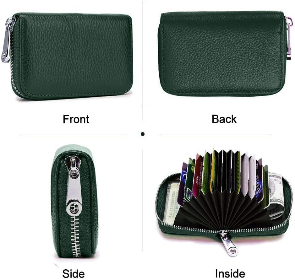 Image of VOGARD RFID Blocking Leather Card Holder for Men & Women | 12 Card Slots, 2 Cash Pockets | Zip Around Compact Design | Genuine Leather Credit Card Holder (Green)