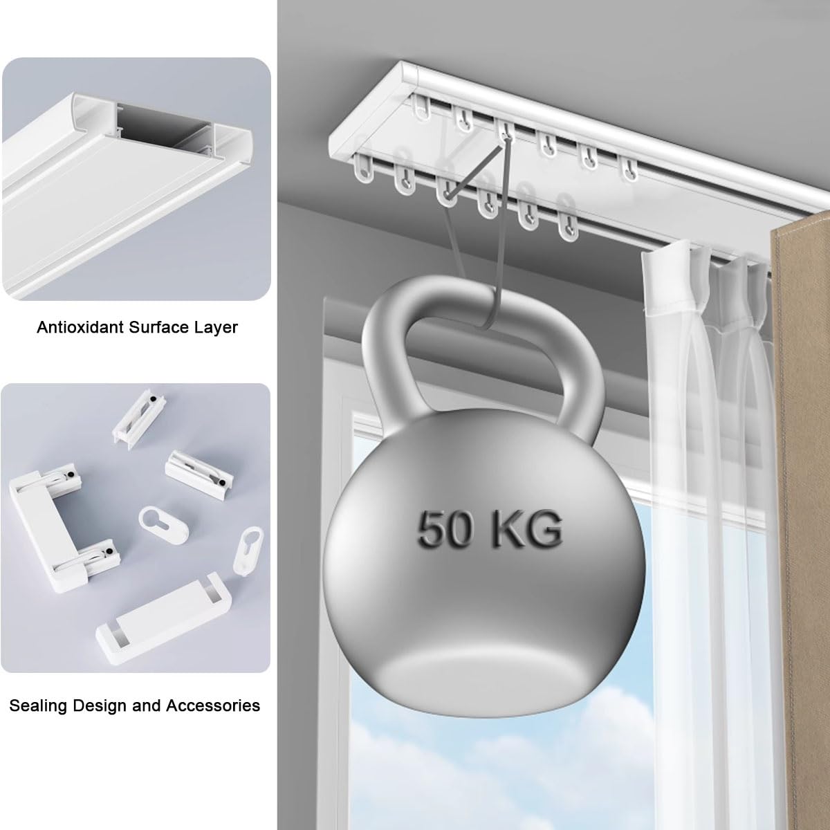 Doppelreihige Vorhangschiene 2 läufig Alluminio Gardinenstangen für Deckenmontage 1.3m Weiß ideal für Wohnzimmer Schlafzimmer Raumteiler langlebig & stilvoll.