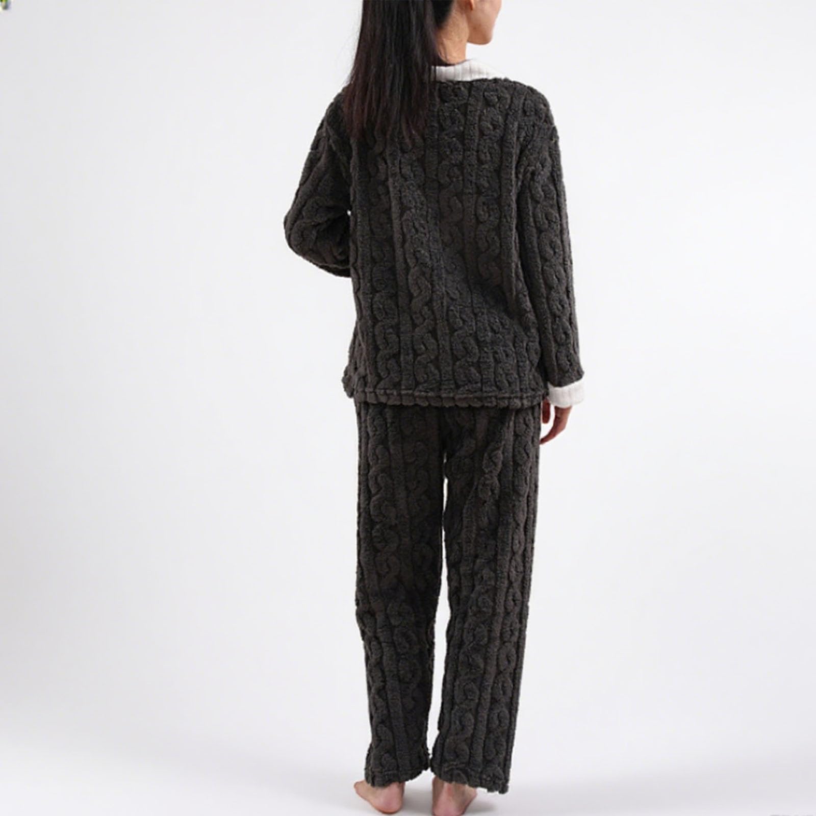 Pyjama long d'hiver en polaire pour femme | Pyjama chaud 2 pièces pour femme, pull et pantalon en peluche pour le quotidien à la maison