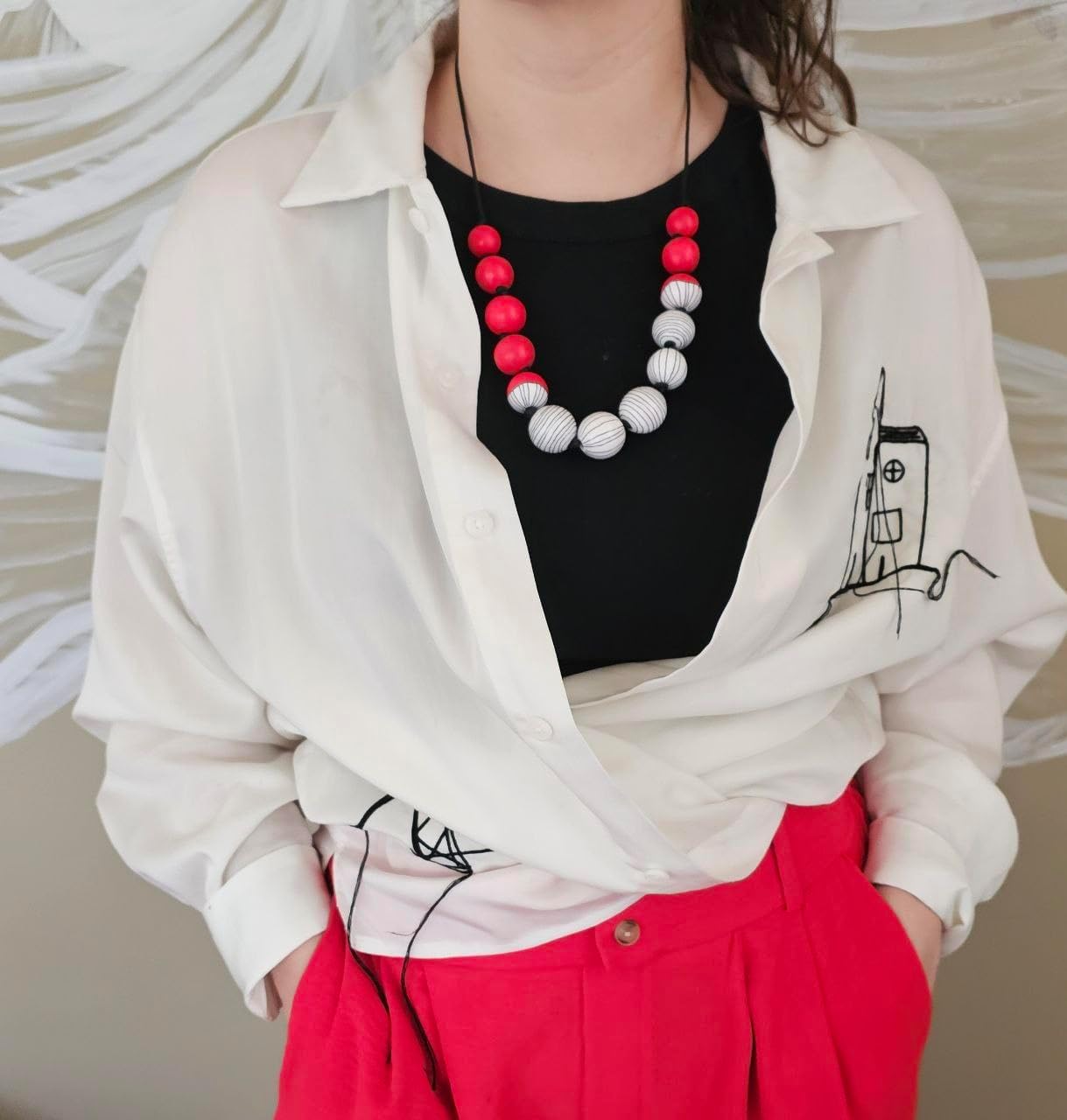 Colorful Wood Strand Necklace Geometry Style Jewelry Gift for Women