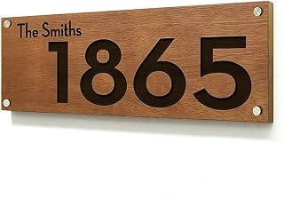 Modern House Numbers - Solid Wood African Teak Iroko with Laser Engraving, Contemporary Home Address - Wall mounted Plaque - Style 2 Name