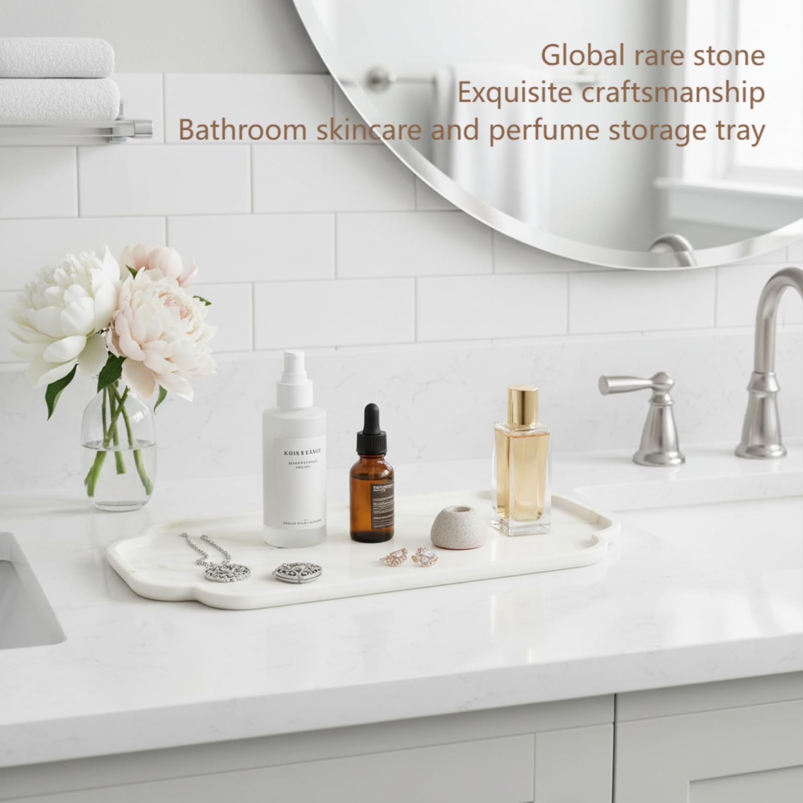 Marmor Vassoio da bagno in vero marmo naturale per profumi, candele, gioielli in pietra, organizer per bagno e cucina, decorazione per la casa (piatto lungo in pizzo marmo dorato Calacatta)