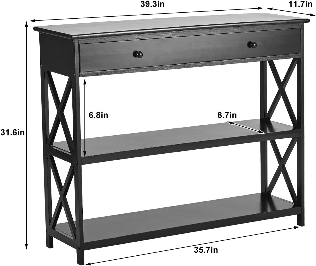 MELLCOM Console Table Sofa Table Entryway Table 3 Tiered Sofa Table Classic X Design with Drawer, Entryway Hall Table, Narrow Easy Assembly Black