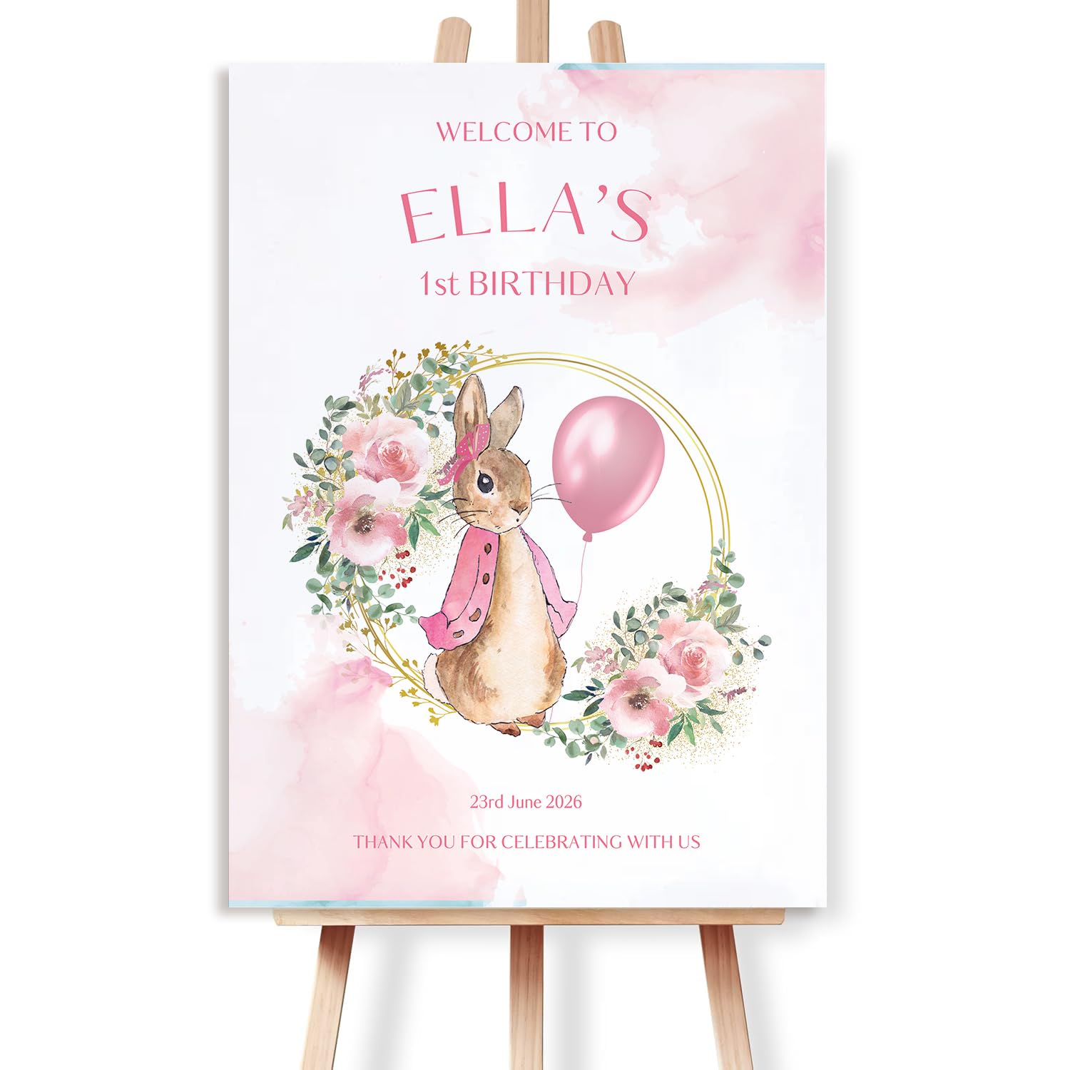 Pink Peter Rabbit Welcome Sign, Christening Decorations - Flopsy Bunny Baptism Table Sign, Girls 1st Birthday Party Sign, A4, A3, A2, A1, Foamboard (A1 Foamboard (594x840mm))