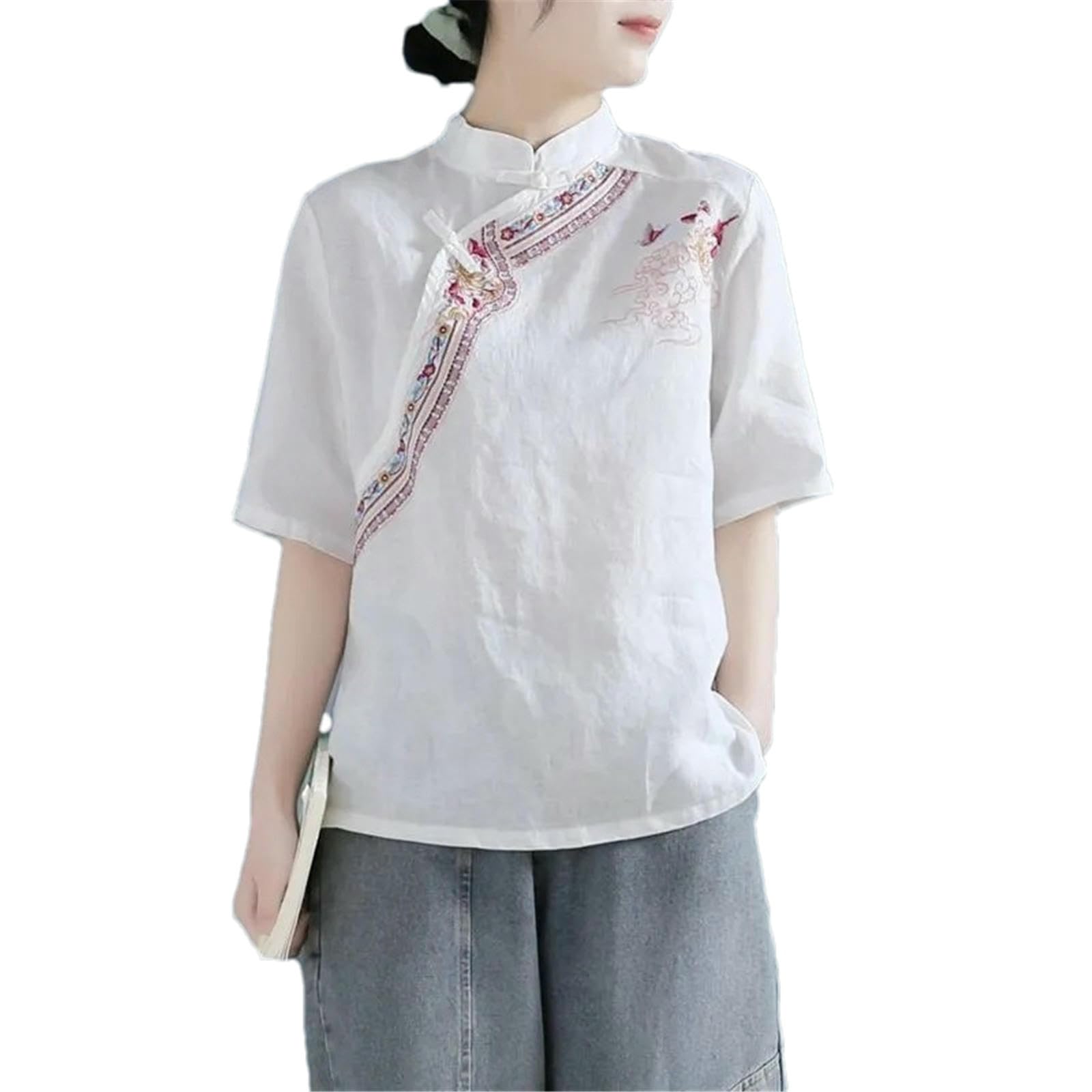 Stile cinese Pulsante ricamato Camicia estiva in cotone a maniche corte Top donna allentato cotone e lino camicetta retrò