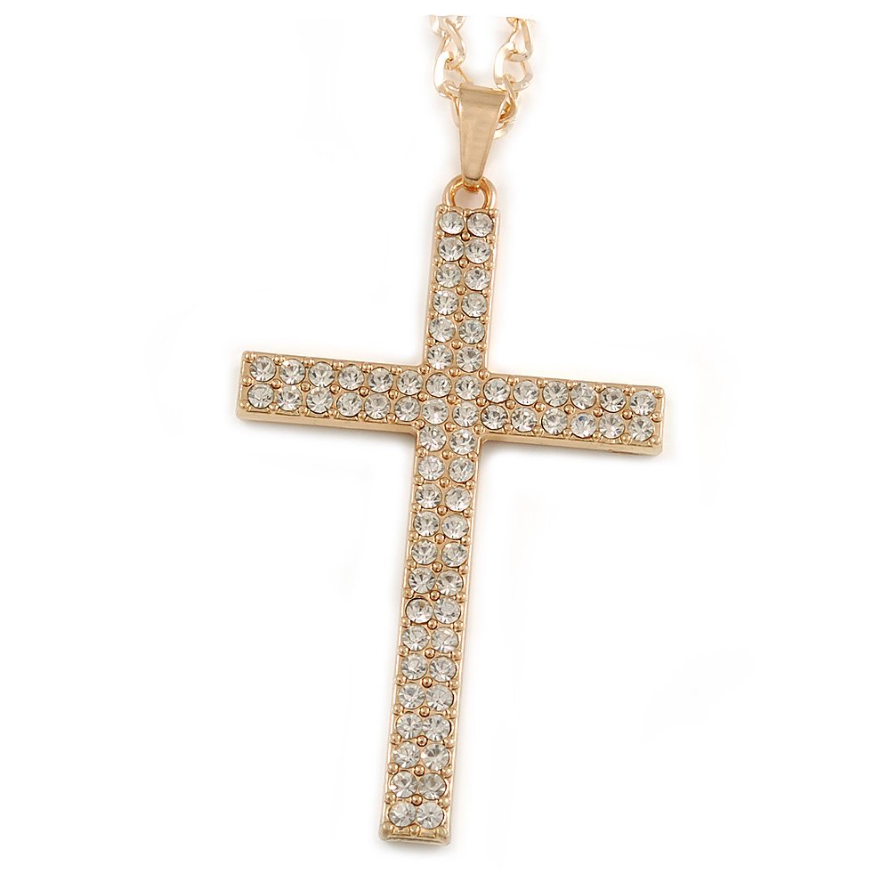 Avalaya Ciondolo Croce Grande Con Catena Lunga 70 Cm - Placcato Oro Con Cristalli Trasparenti - Gioiello Bling-Bling Per Serate