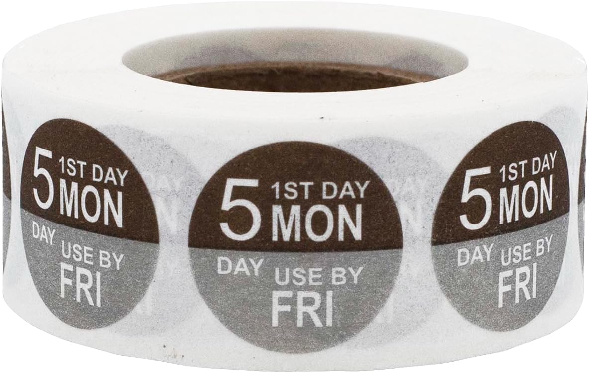 Dissolvable Monday Through Friday 5 Day Food Rotation Labels, 3/4 Inch Use By Stickers, 500 Total Adhesive Labels on a Roll for Restaurant and Kitchen Prep – Made in the USA