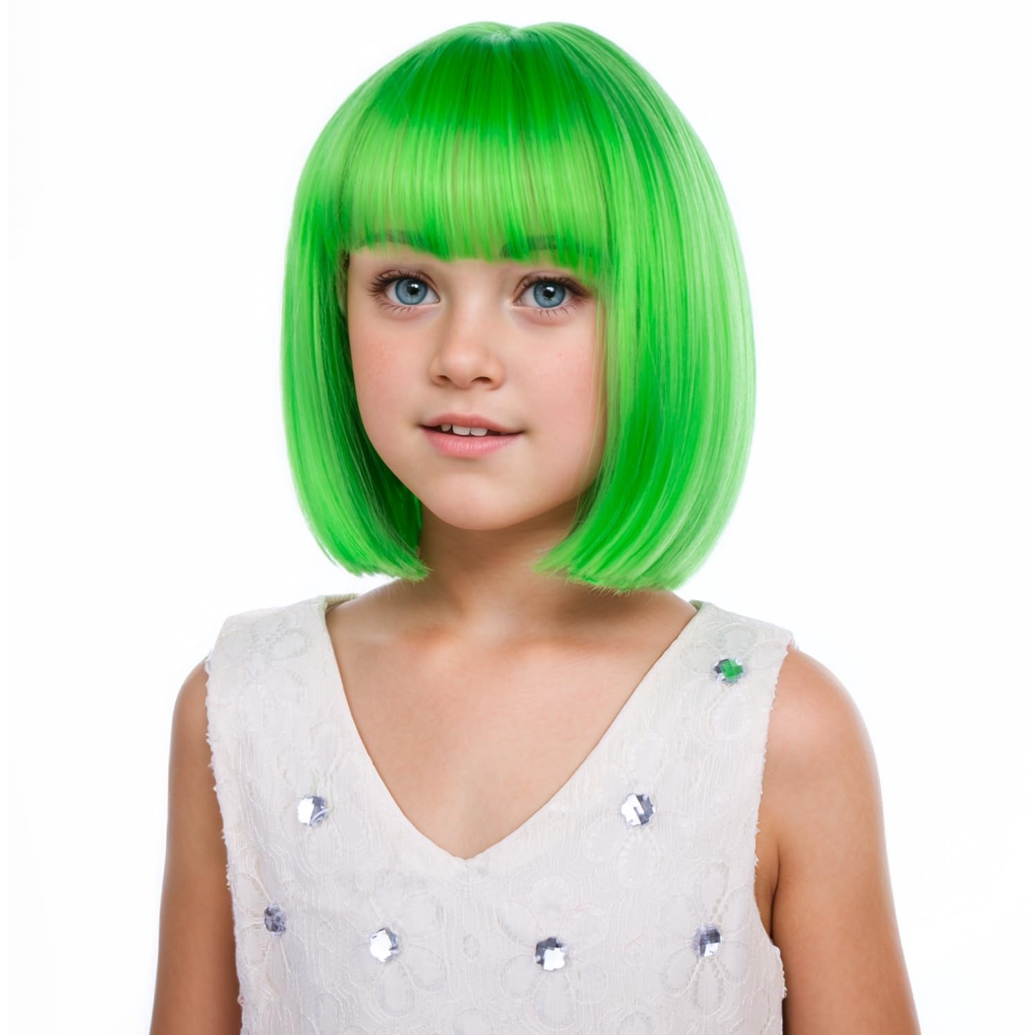 PATTNIUM Children Neon Green Wig with Bangs for Kids Girls Short Green Bob Wigs Synthetic Halloween Wigs