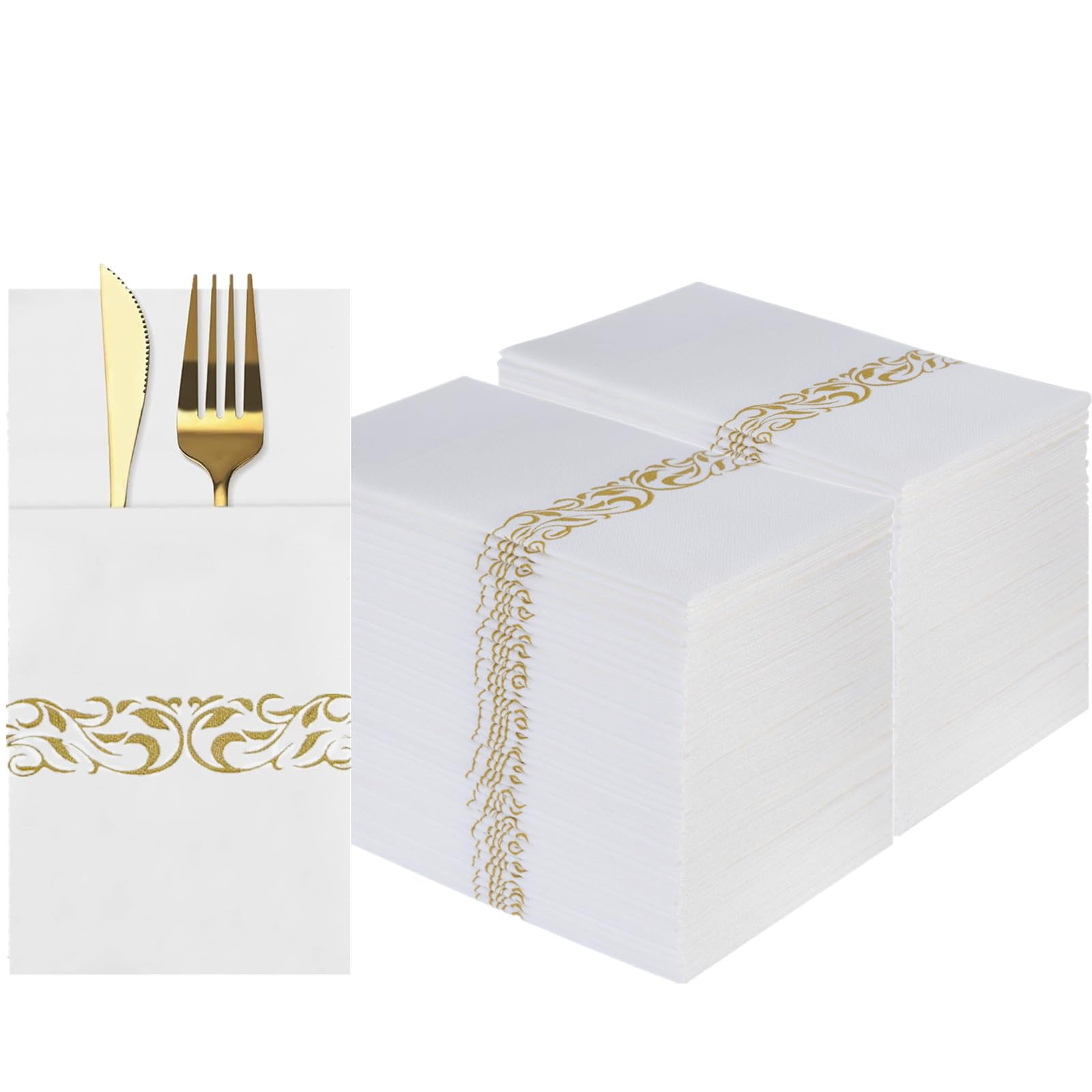 Lot de 100 serviettes de table jetables blanches au toucher lin avec poche à couverts intégrée, serviettes en papier doré pour fête, mariage