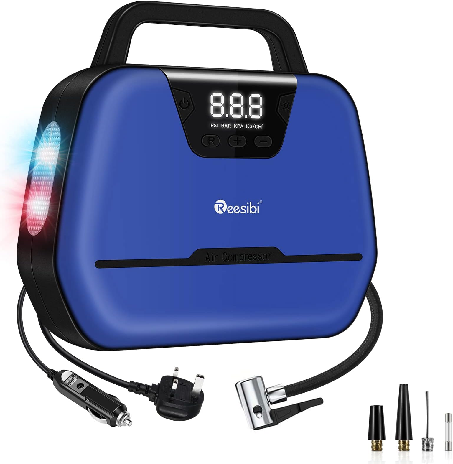Reesibi Portable Air Compressor, Digital Tyre Inflator 12V 230V 150PSI, Electric Air Pump with LED-light, Valve Adaptors, for Home, Bicycle Motorcycle Tires Ball and Other Inflatable, Blue