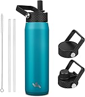 Vista 1 de 25oz Insulated Stainless Steel Water Bottle with Straw and 3 Lids, BPA-Free Sports Water Bottle,travel water bottle,Lake Blue