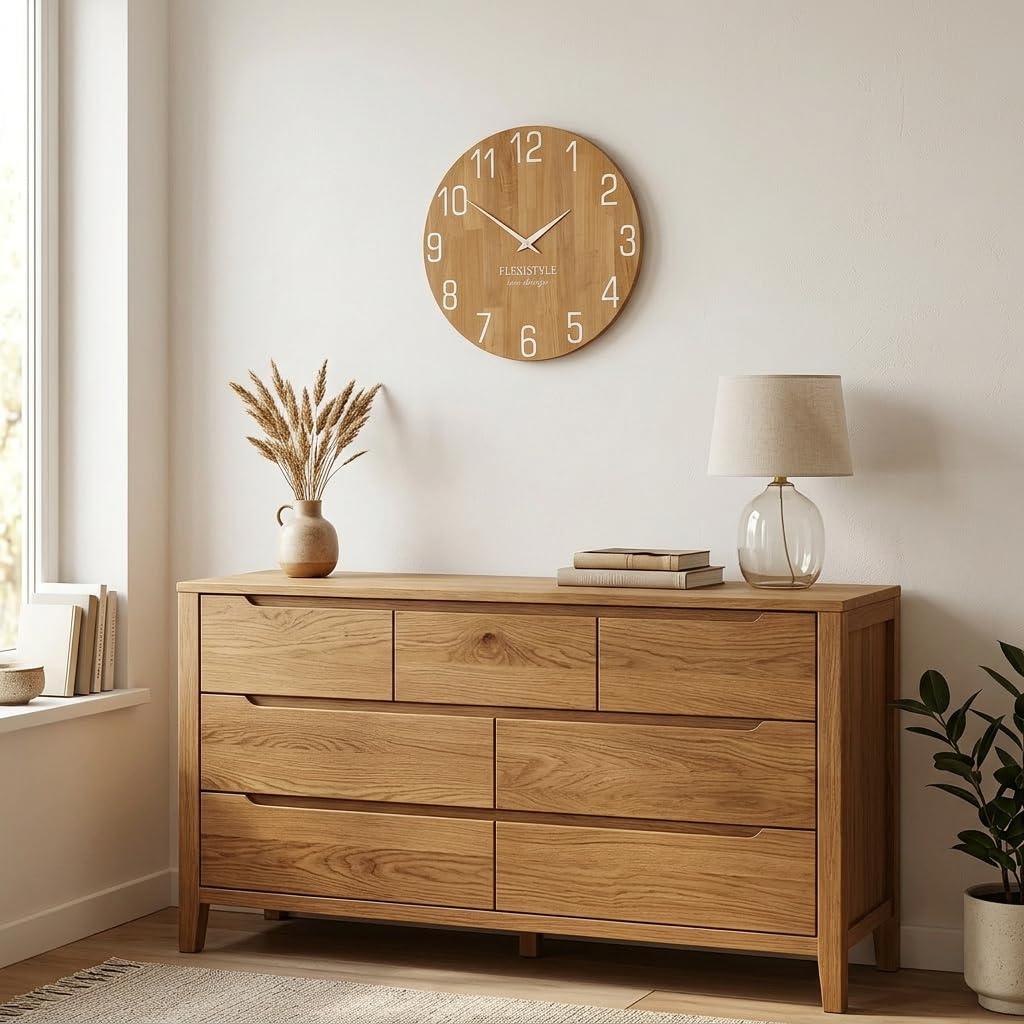 FLEXISTYLE Horloge Murale Naturelle diamètre Aspect Bois 100% chêne, Bois Moderne, Salon, sans Bruit de tic-tac … (50 cm, Blanc)