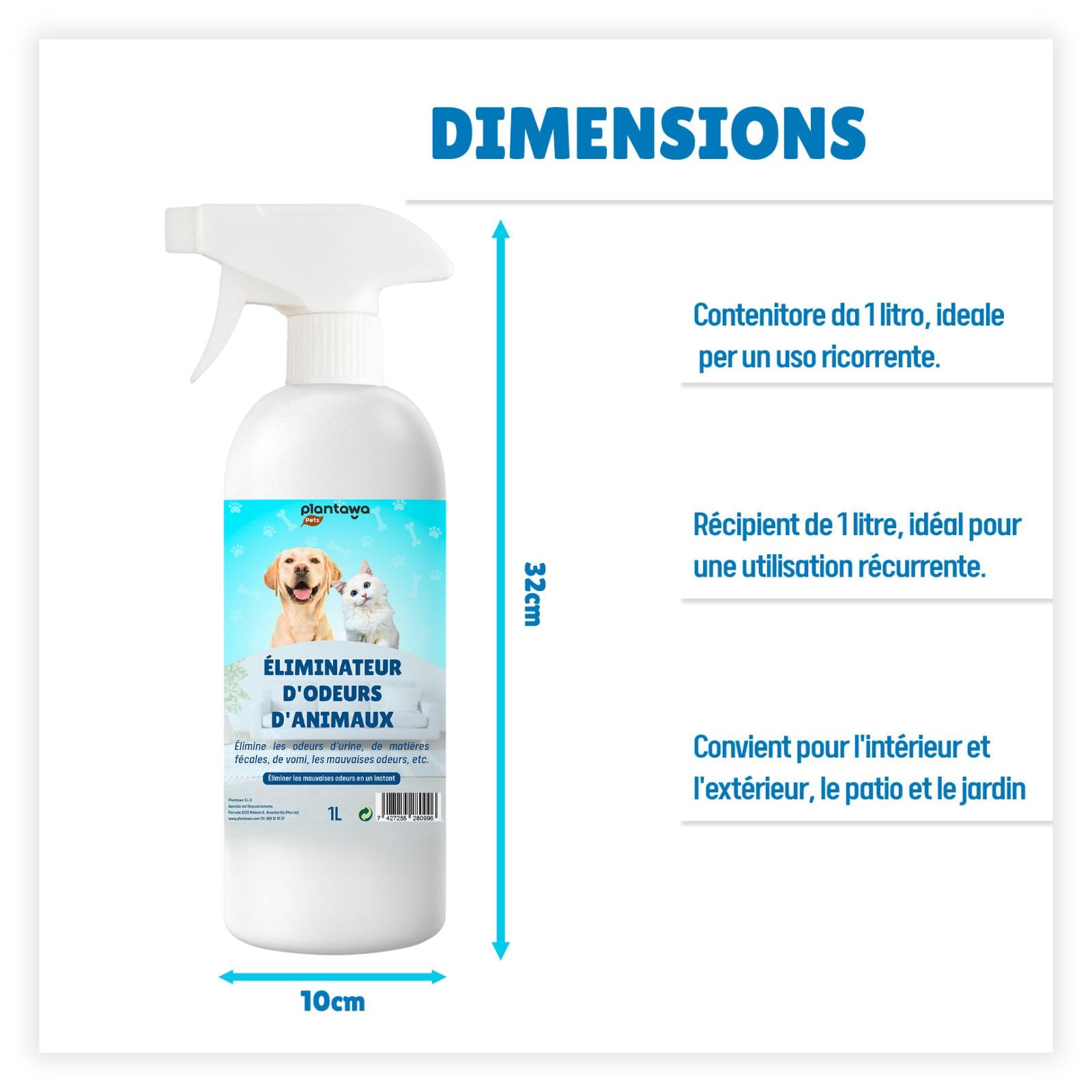 PLANTAWA Éliminateur instantané d'odeurs d'animaux domestiques 1 l. Neutraliseur Enzymatique Odeurs Urine Fèces Vomissements. Intérieur et extérieur, Patio Jardin. Anti Odeur Urine Chiens Chats.
