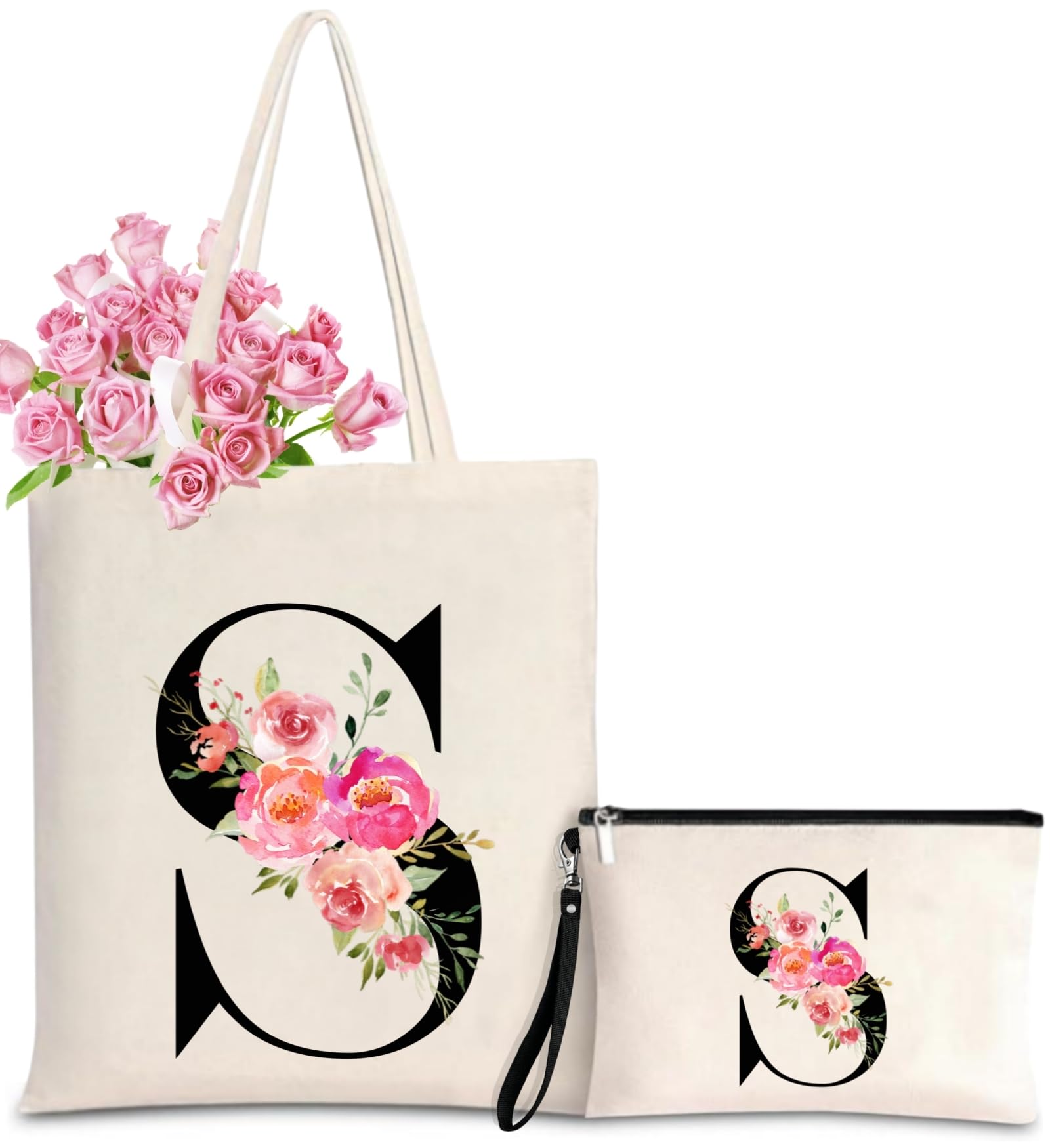 Initial Canvas Tote Bag for Women, Personalized Monogrammed Tote Bags with Makeup Gift Bag for Wedding Bridesmaids Birthday