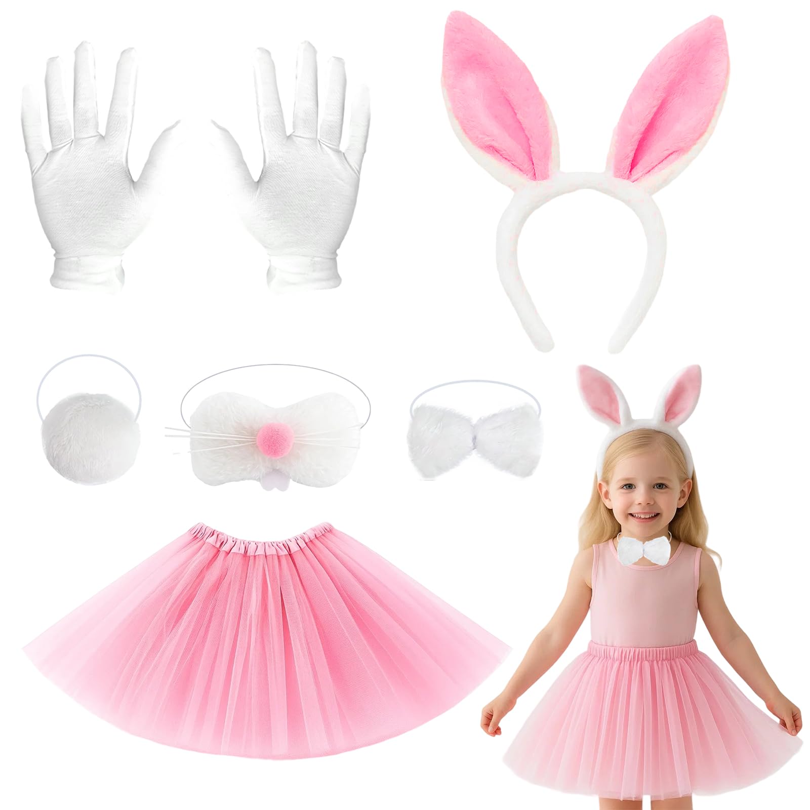 KSVFTB 6Pcs White Rabbit Costume Set, Animal Costume Accessories for Themed Parties, Decorative Display and Collectible Items, Complete Ensemble in White Color
