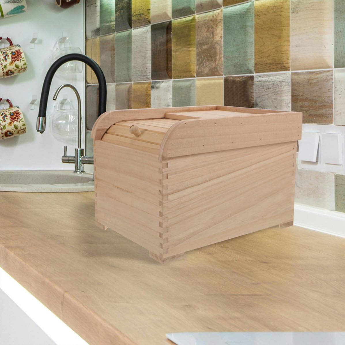 WOONEKY Holz Reisbehälter 10kg in Beige mit Deckel für Lebensmittel | Rollverschluss, Trockene Lagerung, Praktische Größe für Vorrat und Küche