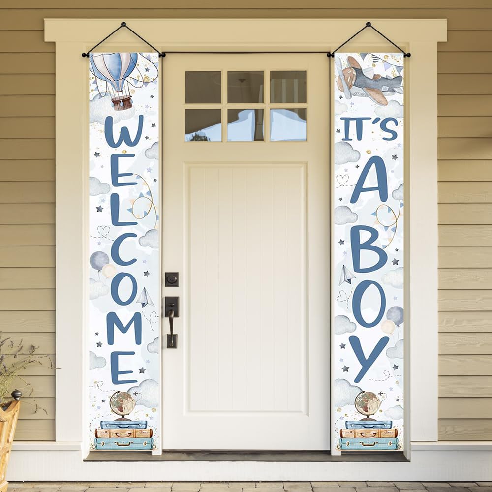 Ticuenicoa Adventure Theme Baby Shower Porch Sign Banner- 2pcs Blue Welcome & It’s a Boy Banners Gender Reveal Banner for Welcome Baby Party Photo