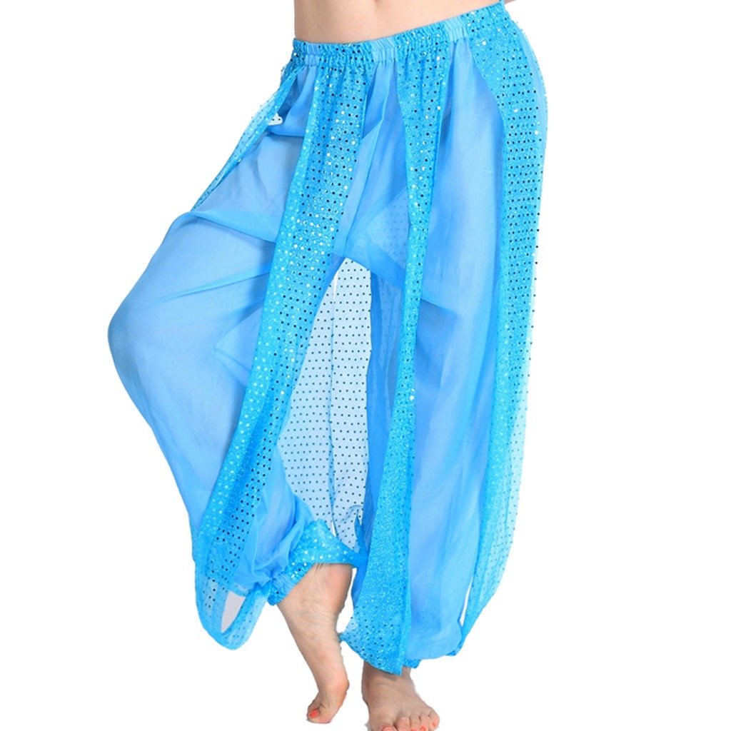 Baisdan Girls Sky Blue Belly Dance Harem Pants, Sequin Shiny Harem Yoga Pants India Arab Dance Bloomer Trouser