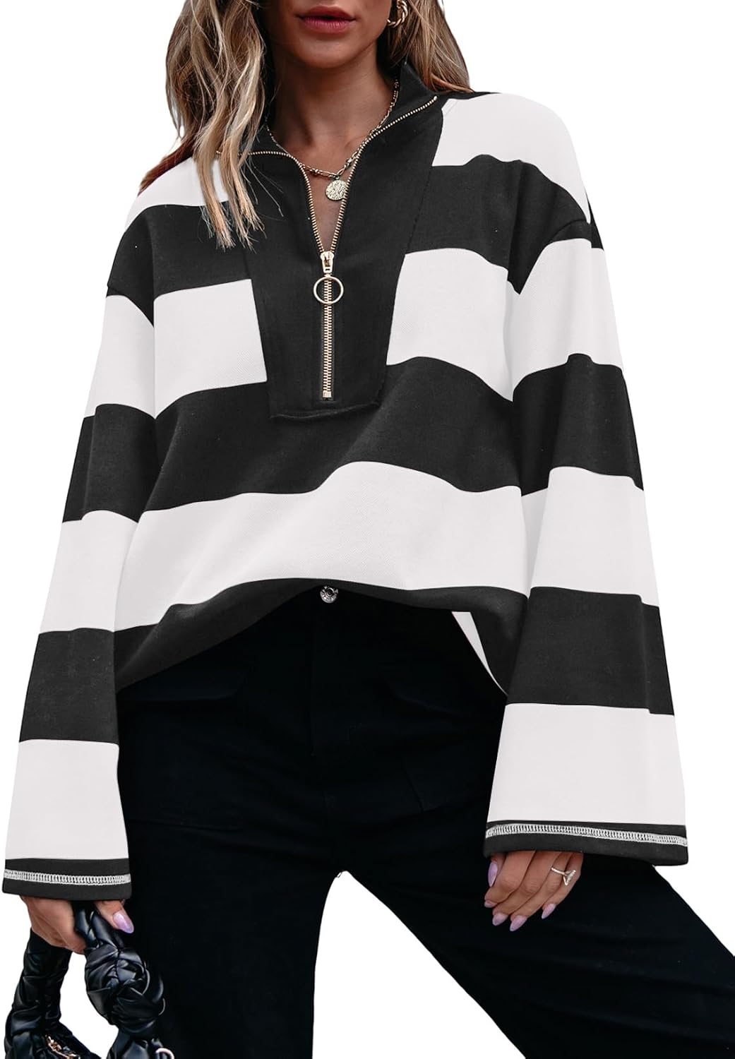 AlvaQ Womens Oversized Sweatshirt 2024 Casual Striped Long Sleeve Half Zip V Neck Pullover Tunic Tops Fall Outfits Black White XX-Large