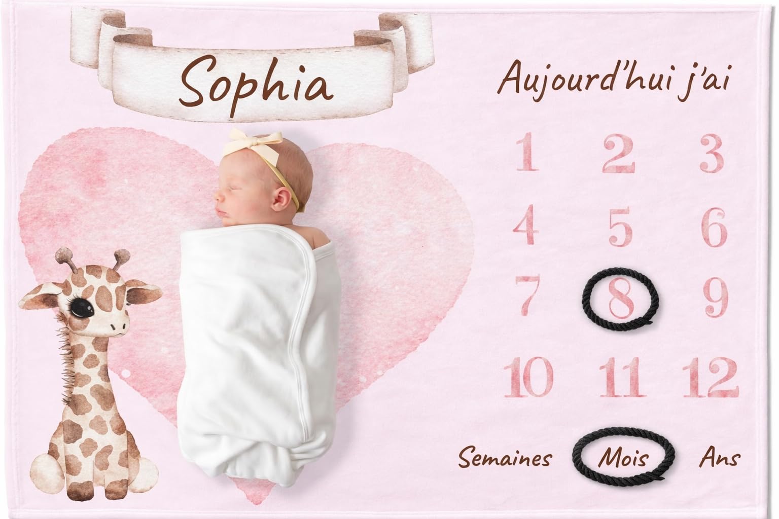 Couverture personnalisée pour bébé Meilenstein avec animal de souhaits, nom et couleur du motif en français, couverture photo pour bébé, couverture mensuelle 80x110cm