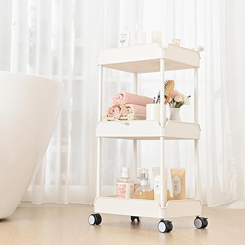 Miniatura 2 de TOOLF Carrito de almacenamiento con ruedas de 3 niveles, carrito de utilidad con ruedas, carrito de manualidades rodante, carrito rodante blanco
