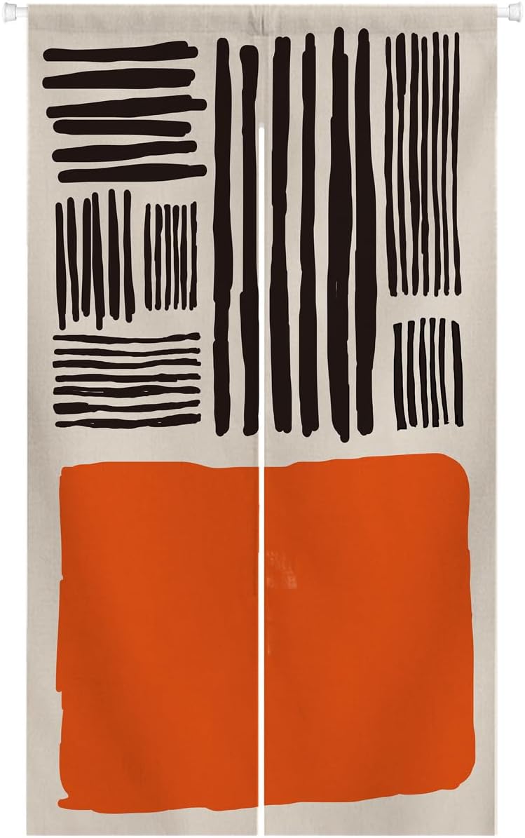 Ofat Home Abstract Line Noren Curtain 33.5" W x 59" L (Style 4) | Orange Black Color Block Minimalist Geometric Hanging Curtain for Doorway, Mondrian Style Modern Art Fabric Home Decor
