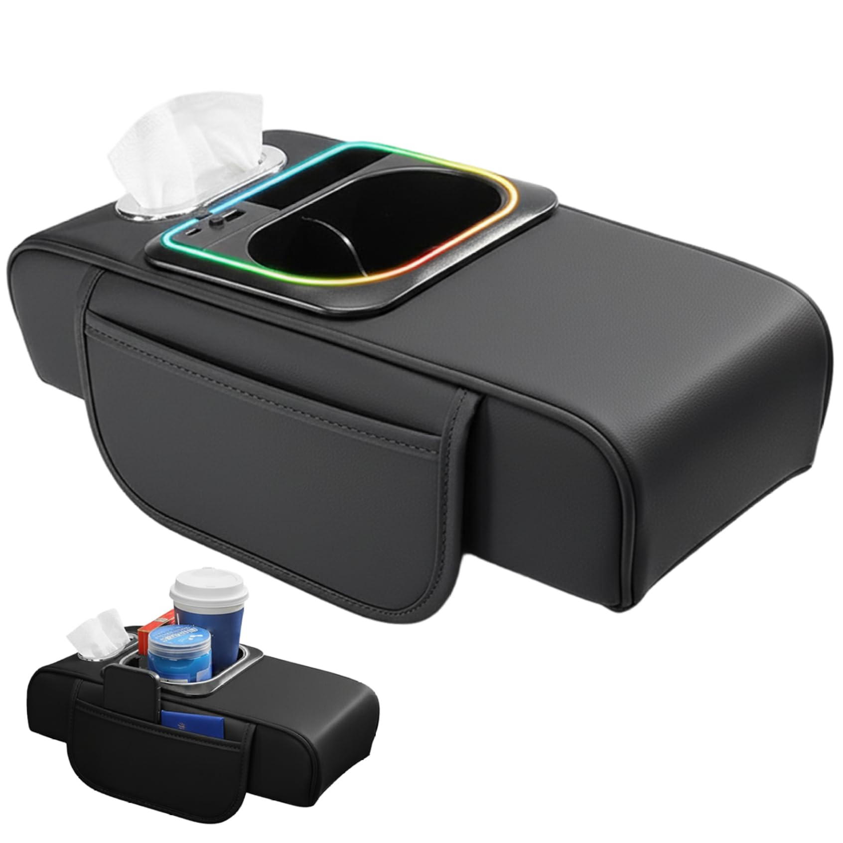 Cojín para reposabrazos de coche, funda de cuero para consola central con bolsas de almacenamiento, ranura para teléfono, puerto de carga, soporte para pañuelos y portavasos para SUV, autocaravana
