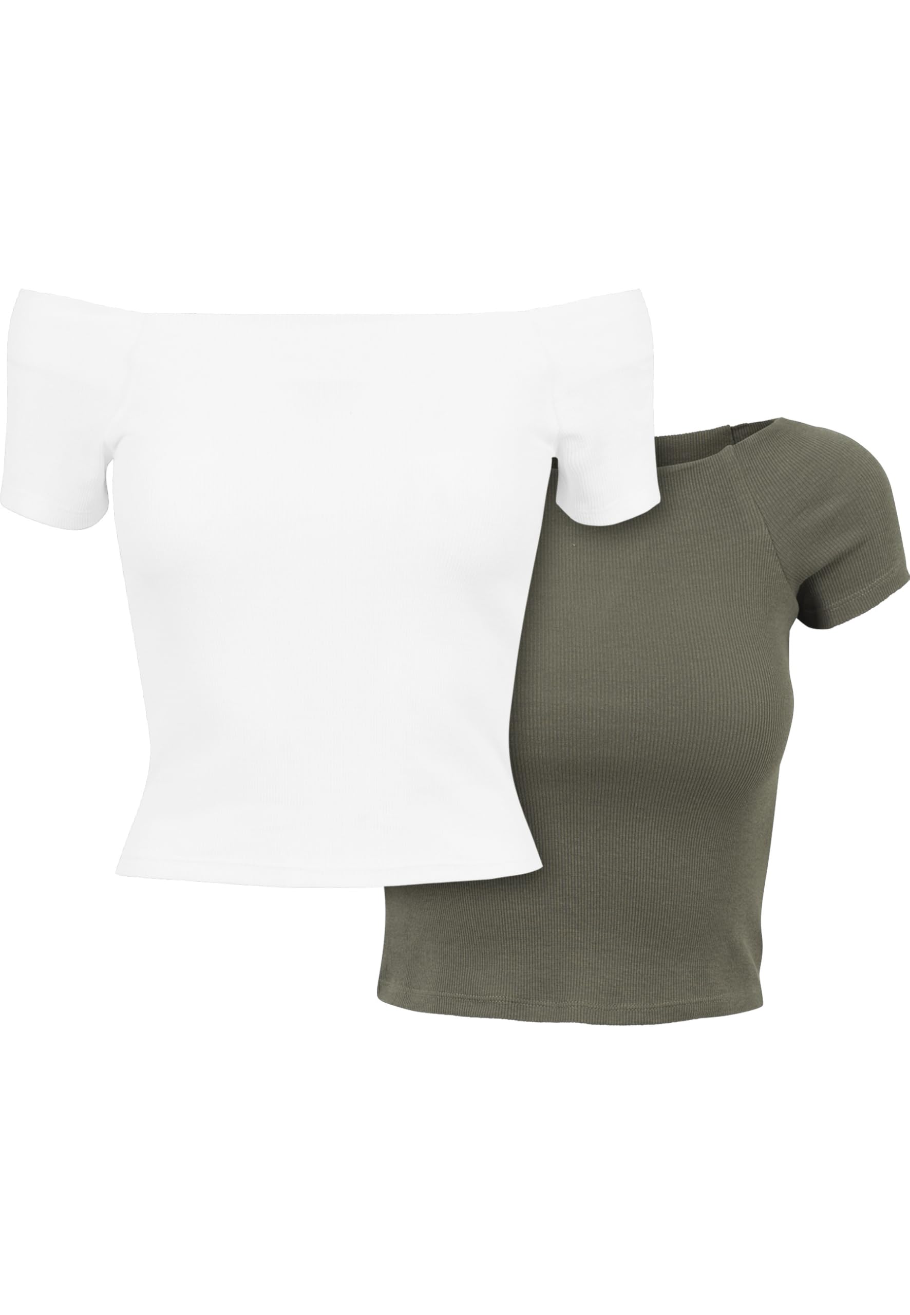 Urban Classics Women's Blanc Off-The-Shoulder Ribbed T-Shirts (X2)
