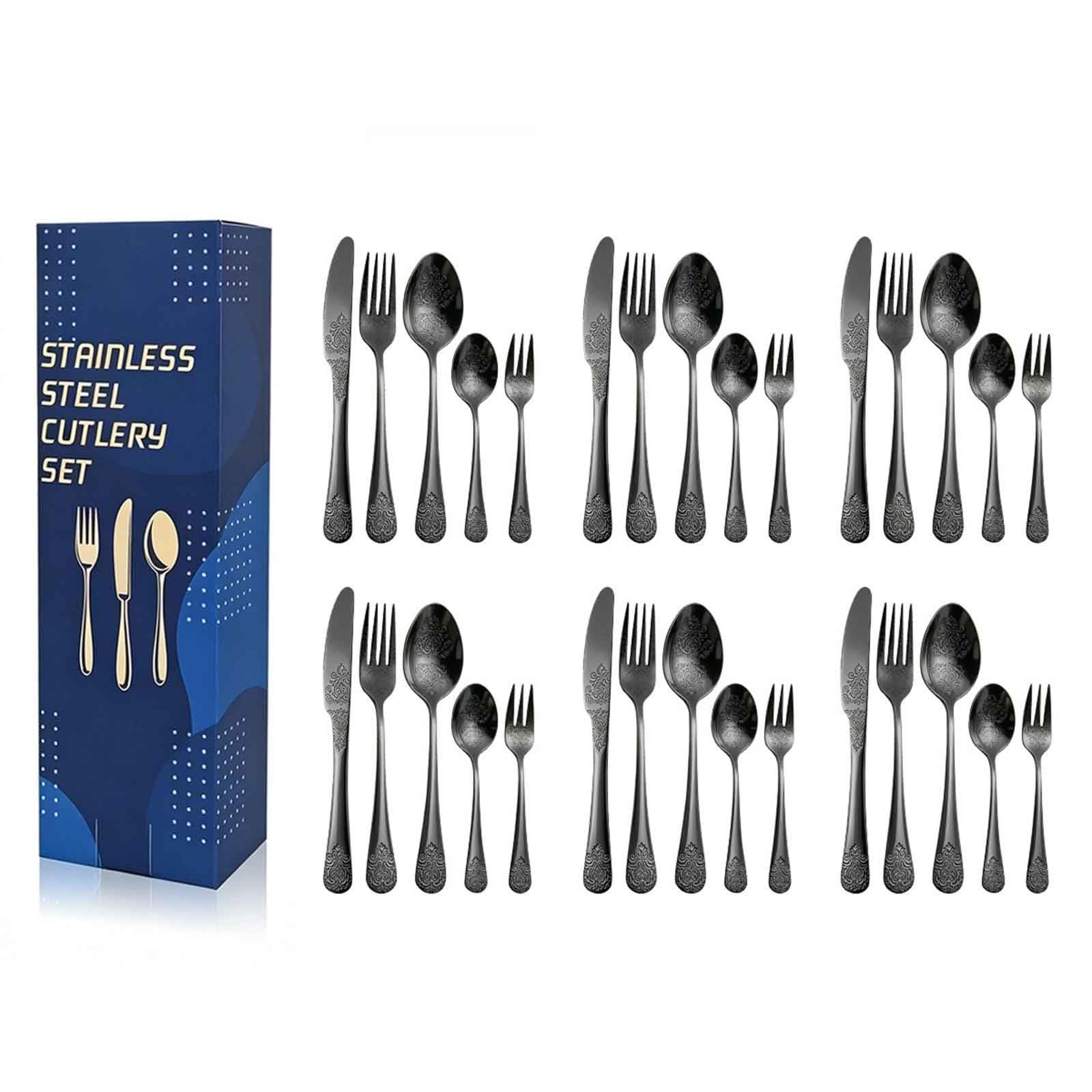 Lot De 30 Couverts De Table Inox Pour 6 Personnes, Couverts De Table En Acier Inoxydable,Idéal Maison Cuisine, Lavable Au Lave-Vaisselle(Black)