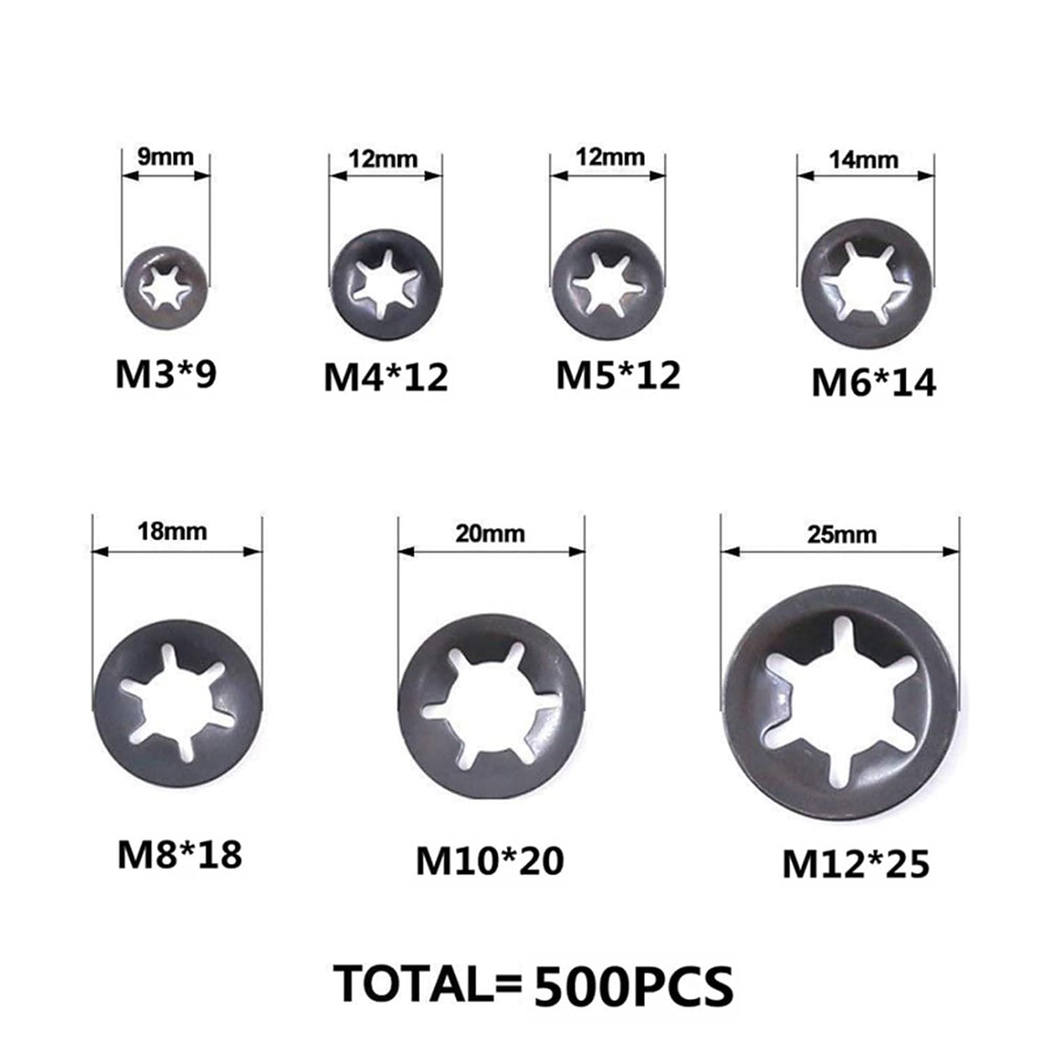 500PCS Push-on Locking Rings Star Lock Washers Set M3 M4 M5 M6 M8 M10 M12 Mn Steel Plum Blossom Hole Retaining Fastener Kit