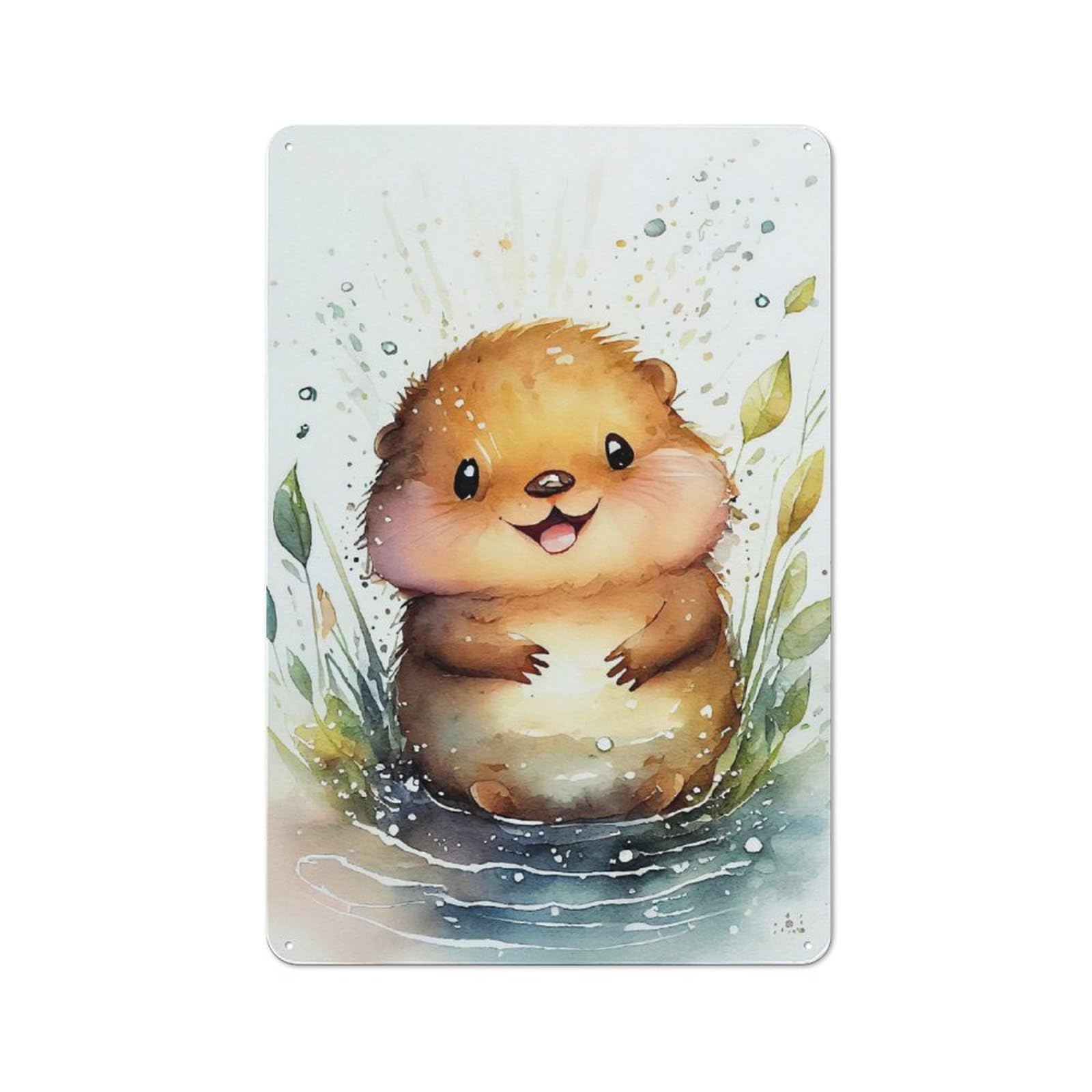 Junmoney Beaver Watercolor Cute Metal Wall Sign 30X20cm Featuring For Café Or Restaurant, For Vintage Wall Decor Fans, For Metal Sign Collectors