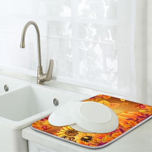 Miniatura 7 de Tapete de secado de platos de calabazas de girasol otoñal para encimera de cocina, 18 x 24 pulgadas, de microfibra, absorbente, antideslizante,